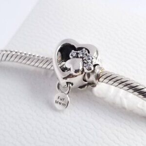 Pandora Sparkling Paw Print & Heart Charm Dog Mom Silver 925 Ale With Box #211